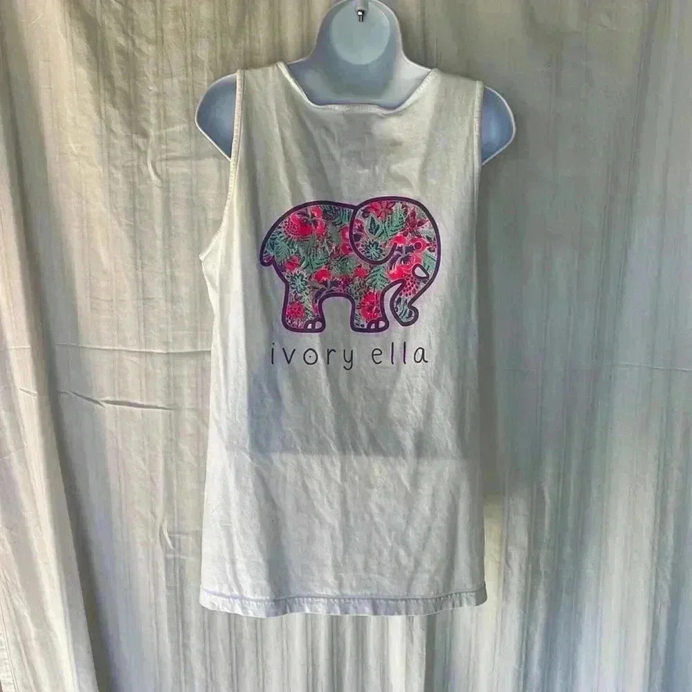 ‼️EUC: 100% Cotton Ivory Ella Elephant White Pocket Tank Top - S - Picture 4 of 5